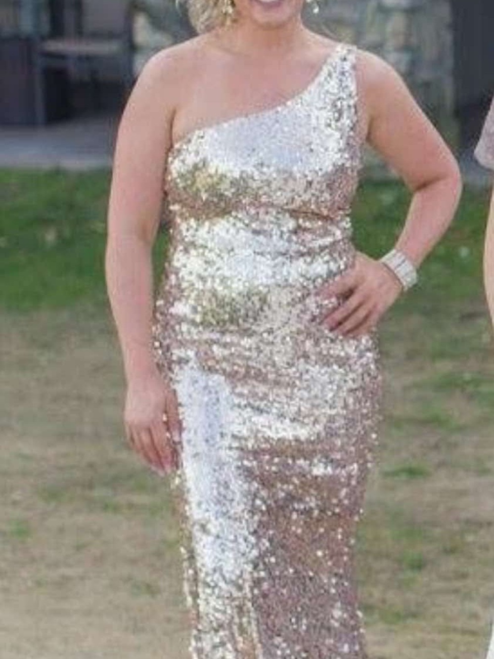 Sequin Chain-Strap Evening Dress in Rose Gold